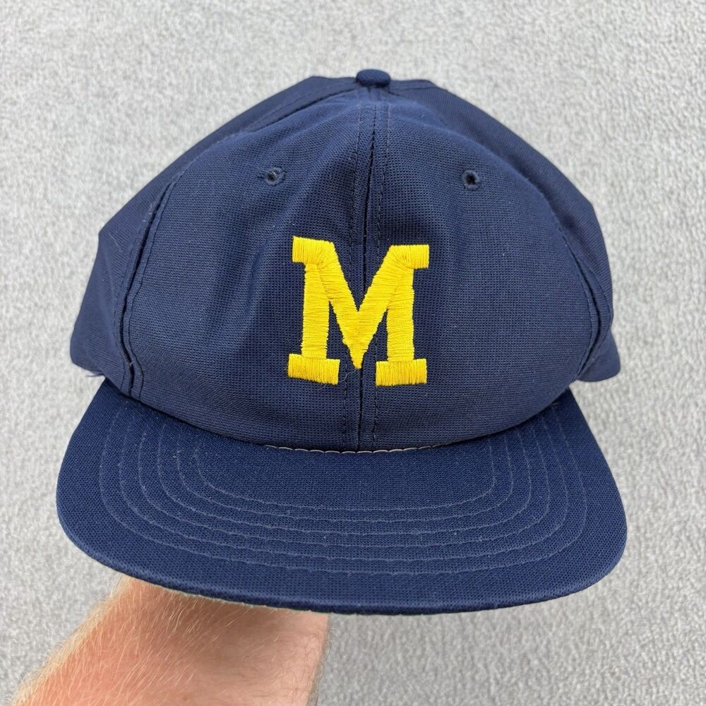 Vintage Michigan Wolverines 80s Snapback Hat Cap Navy Blue Block M